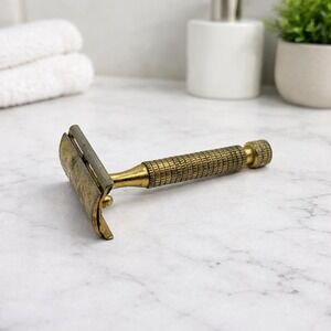 Vintage STAR Gold Tone Safety Razor Textured Handle